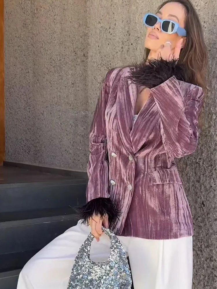 Women's Blazer Pants Set With Feather Cuffs Vintage Velvet Double Breasted Coat And Wide Leg Trousers Elegant Office Lady Suit