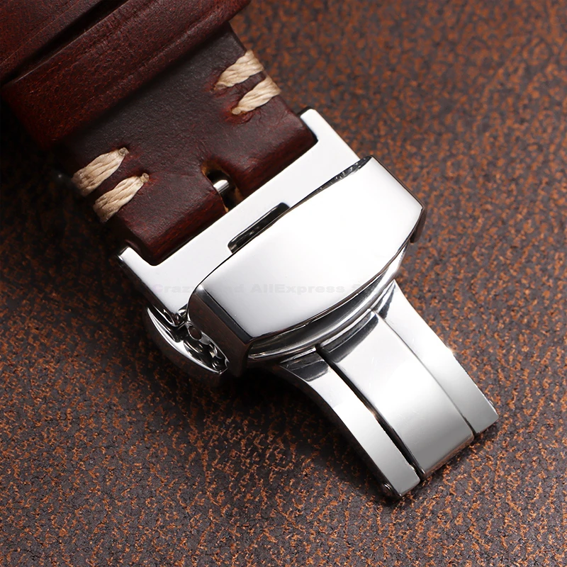 Luxurious Genuine Leather Wrist Bracelet with Butterfly Clasp - Elegant Watch Band Accessory with Gift Box