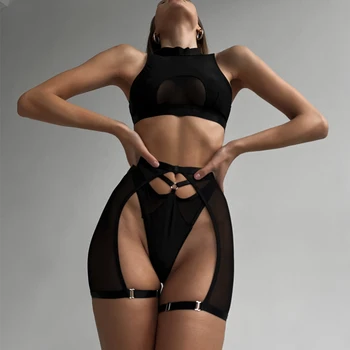 Conjunto de lencería Sexy para mujer, Top de chaleco sin costuras, ropa interior, liguero, Tanga, conjuntos exóticos íntimos negros, 3 piezas 3