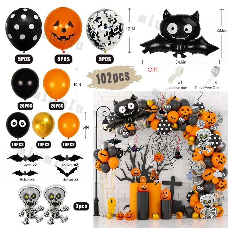 thumbnail image 1 of Kit de arco de guirnalda de globos con forma de calabaza de Halloween, pegatinas de araña murciélago 3D de color negro y naranja, globos con forma de ojo, suministros de decoración para fiestas de Hal, 1 of 5