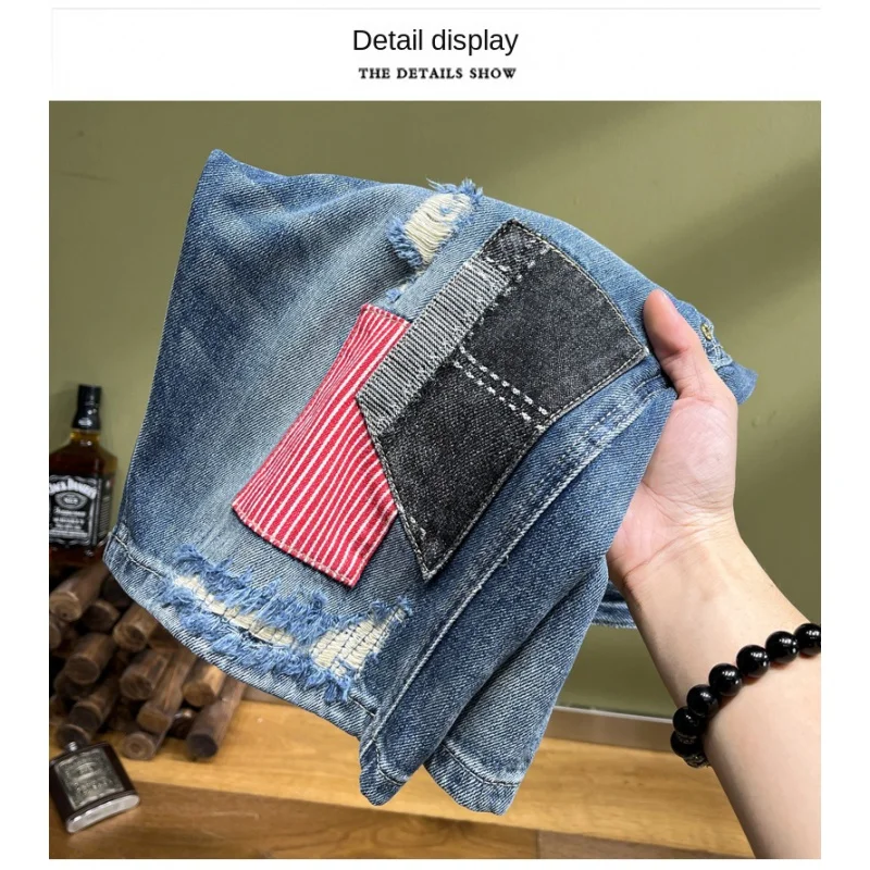 Summer high-end denim shorts destruction splicing pink patch embroidery Slim straight leg Gangster personality blue pants