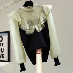 Camisetas de punto elásticas para mujer, ropa Sexy de punto de encaje, Tops de fondo, estilo coreano, primavera 2022