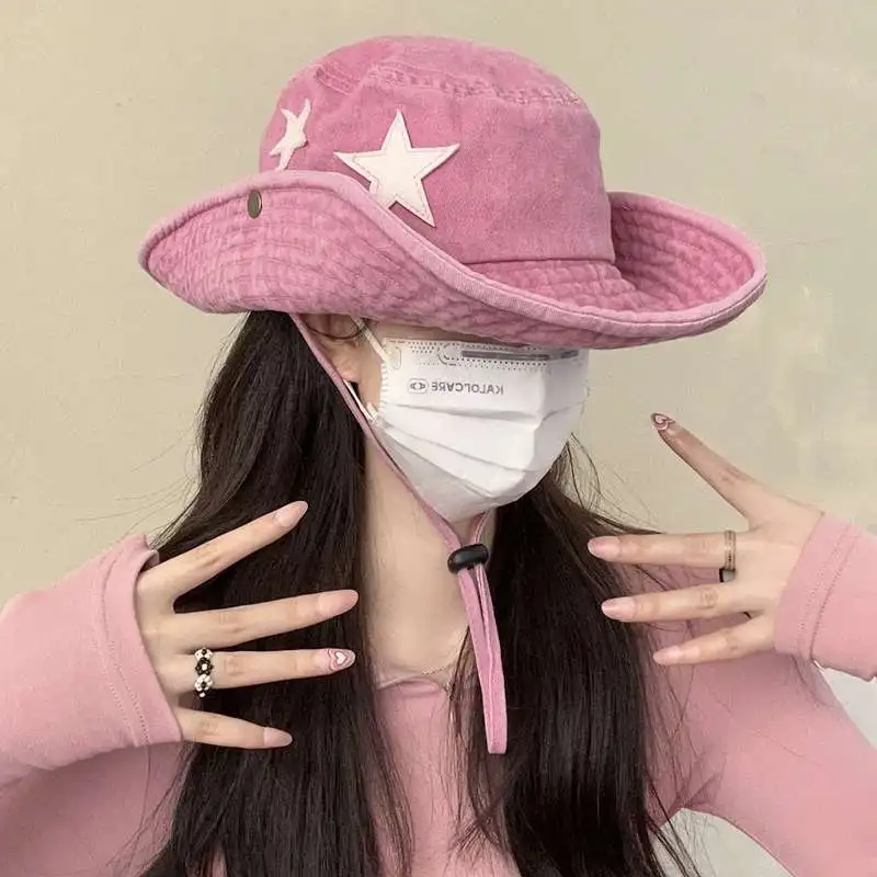 Hot Sale Punk Stars Bucket New Summer Y2K Star Pink Retro Big Brim Outdoors Sun Protection Girl Cowboy Hat Casual Jazz Cap_senzul.com