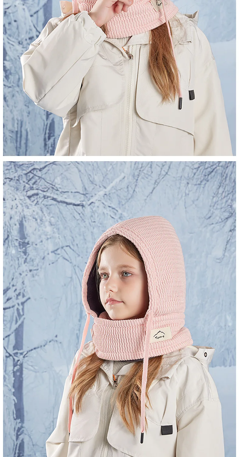Winter Kind Sturmhaube Hut Junge Mädchen Fleece-gefütterte Bonnets Winddichte Maske Gestrickte Mützen Mütze Schal Set Kinder Mit Kapuze Warme Mütze 4-10Y – Detail 13