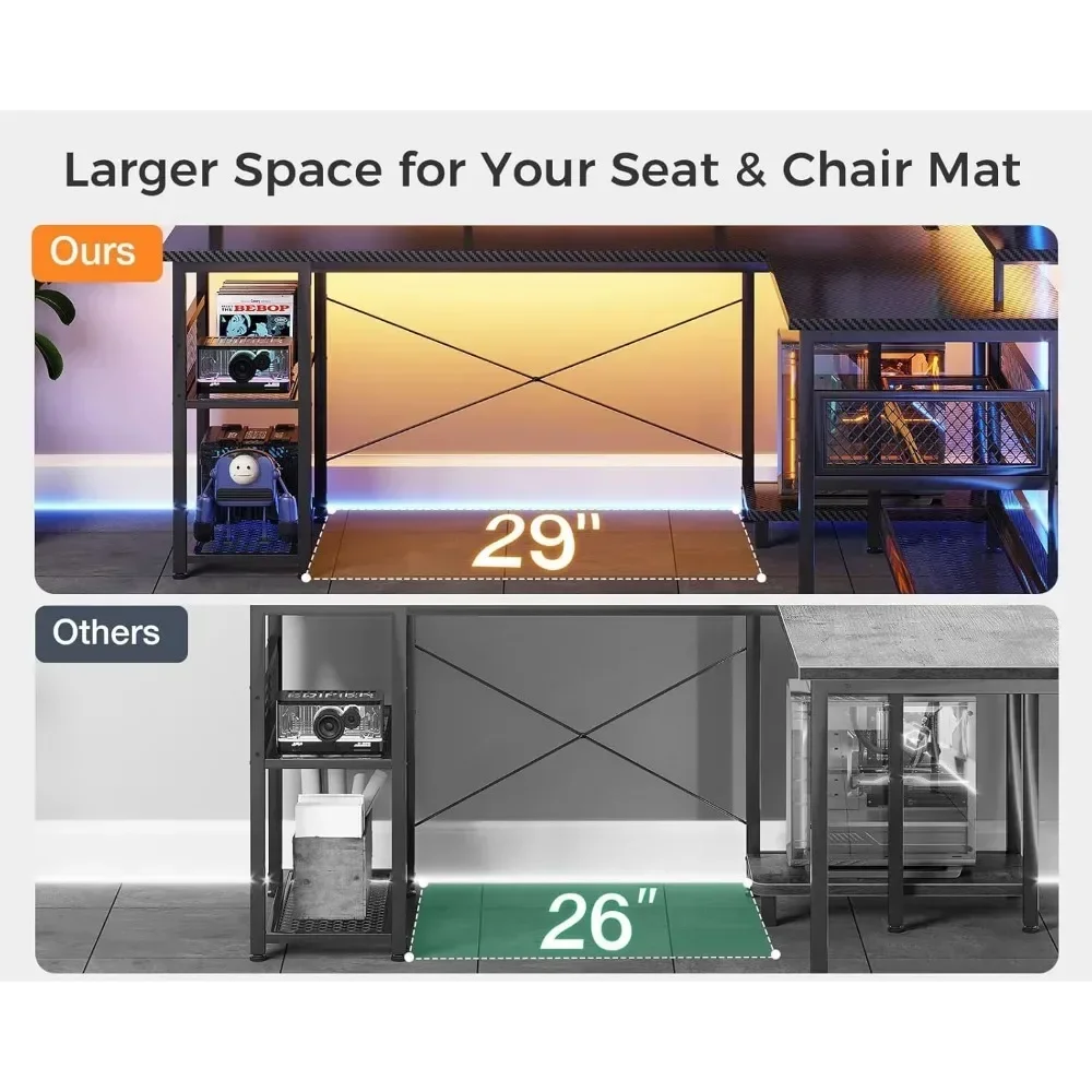 59" L Shaped with Power Outlet and LED Lights, with USB Ports, Reversible L Shape Desk with Storage Shelves & Monitor Stand 3