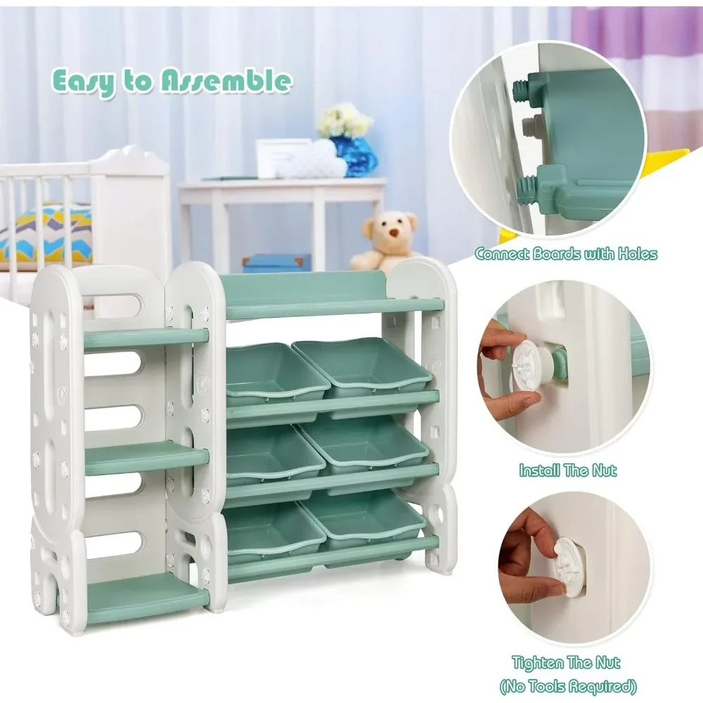Kids Bookshelf with Toy Organizers and Storage, Multi-Purpose 4-Tier Shelf & 6 Removable Plastic Bins to Organize Books Toys 4