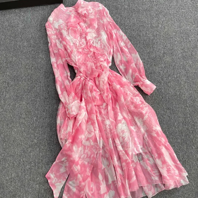 

New Collection Women High Quality Blue Pink Printing Elegant Lady Ruffle Self Tie Crinkle Silk Midi Dress