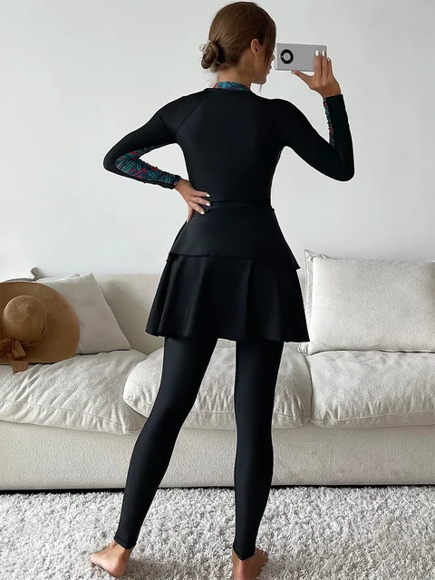 بوركيني إسلامي بأكمام طويلة للنساء ، ملابس سباحة متواضعة ، ملابس سباحة إسلامية ، رأس بنطال حجاب ، فهد ، 3-طقم 2