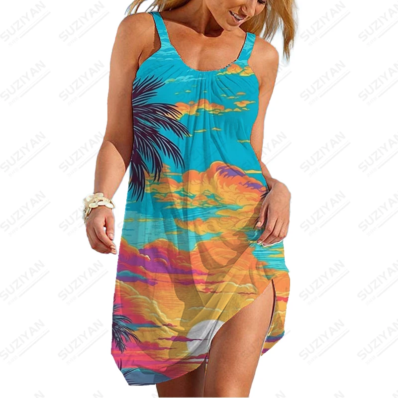 Hawaii Beach Style Coconut Tree Abito Stampato In 3D Comodo Abito Traspirante Da Donna Estate Nuovo Vestito Casual Con Spalline Sottili