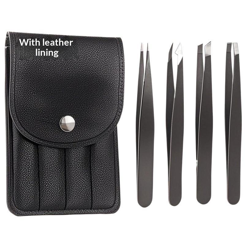 [JN] Colorful Stainless Steel 4 Pcs Tweezer Set For Women And Men Eyebrow Eyelash Comes With Storage Bag