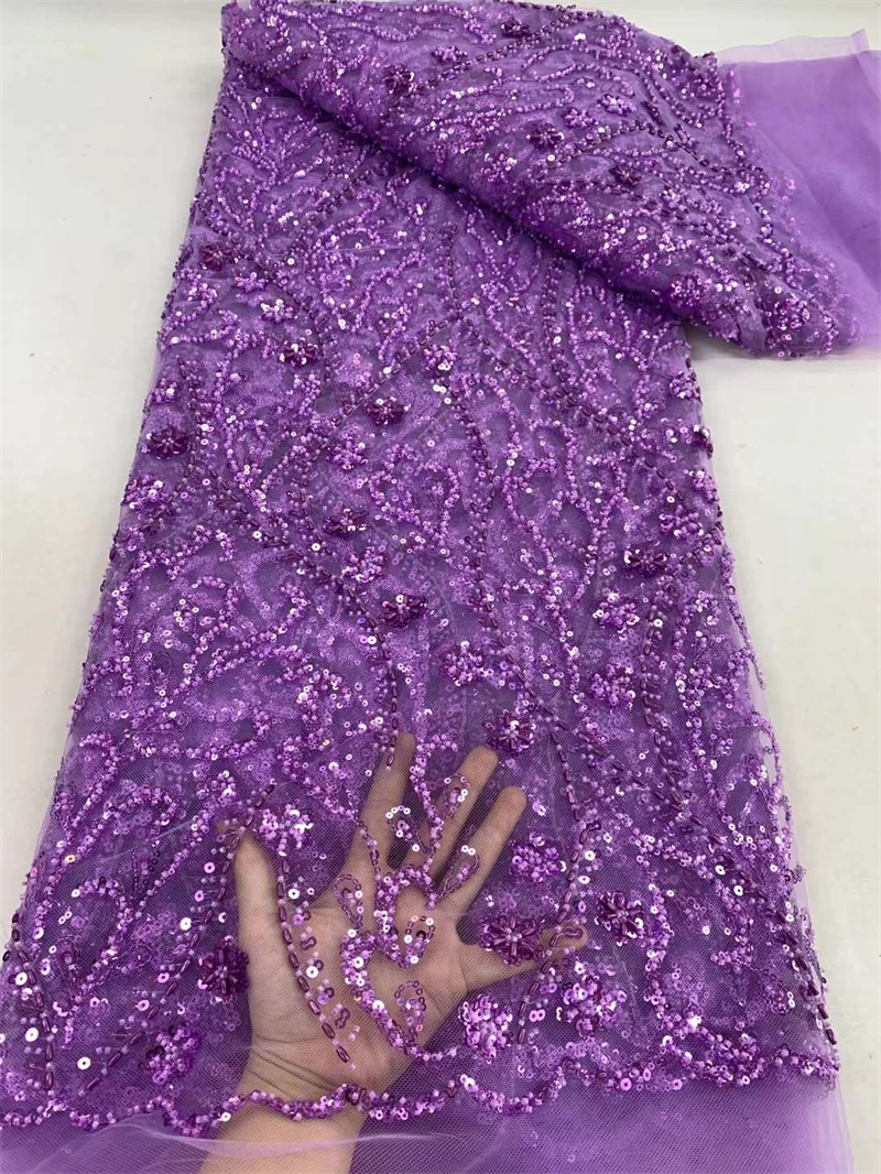 

2024 High Quality Luxury Sequence Handmade Beaded Lace Fabric Crystal Pearl African Nigerian Embroidery French Tulle Lace Fabric