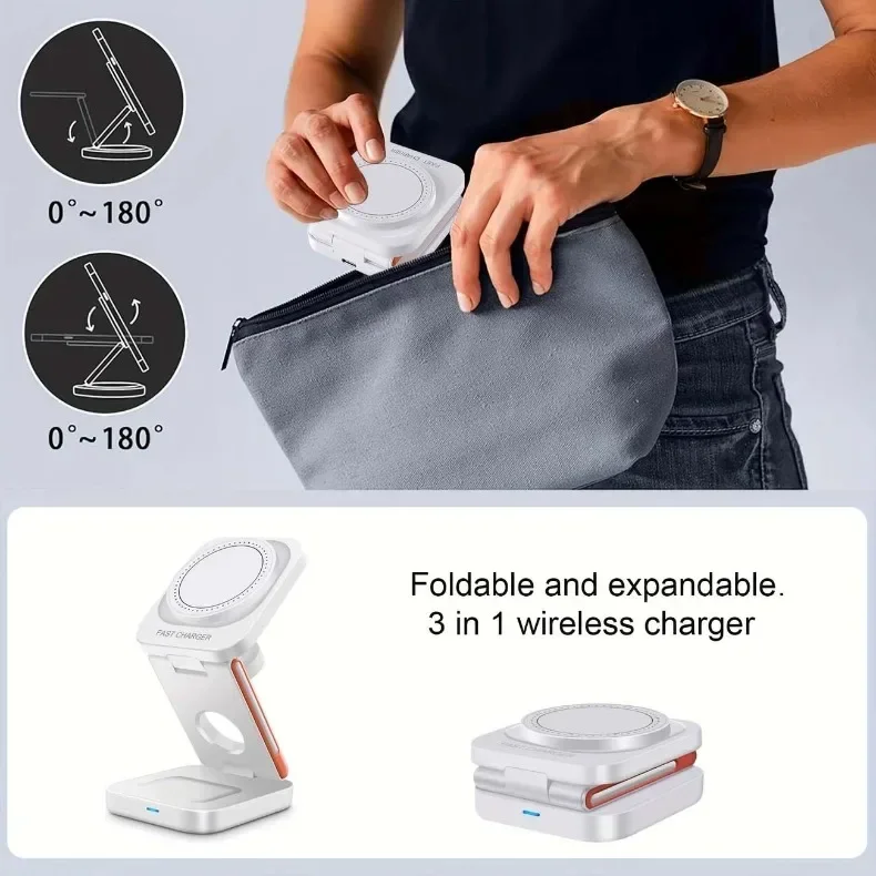 3 In 1 Foldable Magnetic Wireless Charger Stand Fast Charging Station for iPhone 17 16 15 14 13 iWatch 10-2 Airpods Pro Max