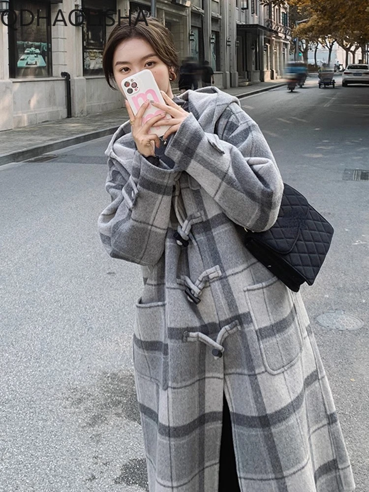 

Women's Coat Vintage Elegant Korean Version Autumn Clothes Hooded Plaid Loose Casual Winter Fashion Coat Long Sleeve Outerwears