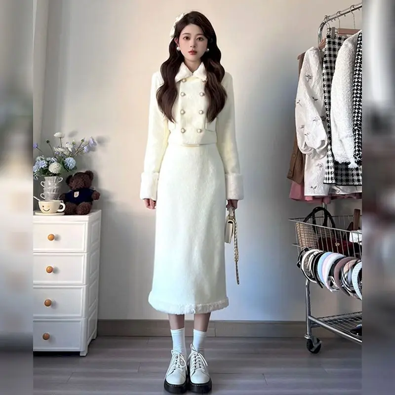 

UNXX Woolen Set Women Autumn Winter New Double Breasted Plush Short Coat + Mid Length Skirt Two Piece Set High Street Cotton No