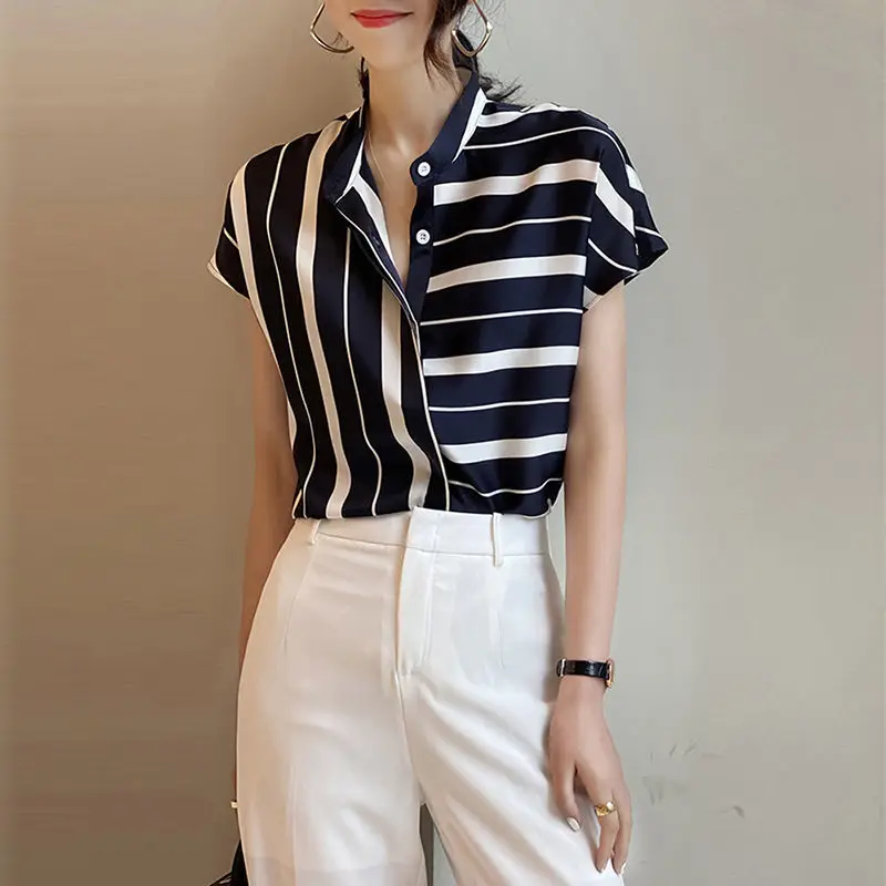 Summer Women Fashion Commuter Asymmetrical Striped Blouse Loose Polo-neck Single-breasted Short Sleeve Chiffon Casual Shirts
