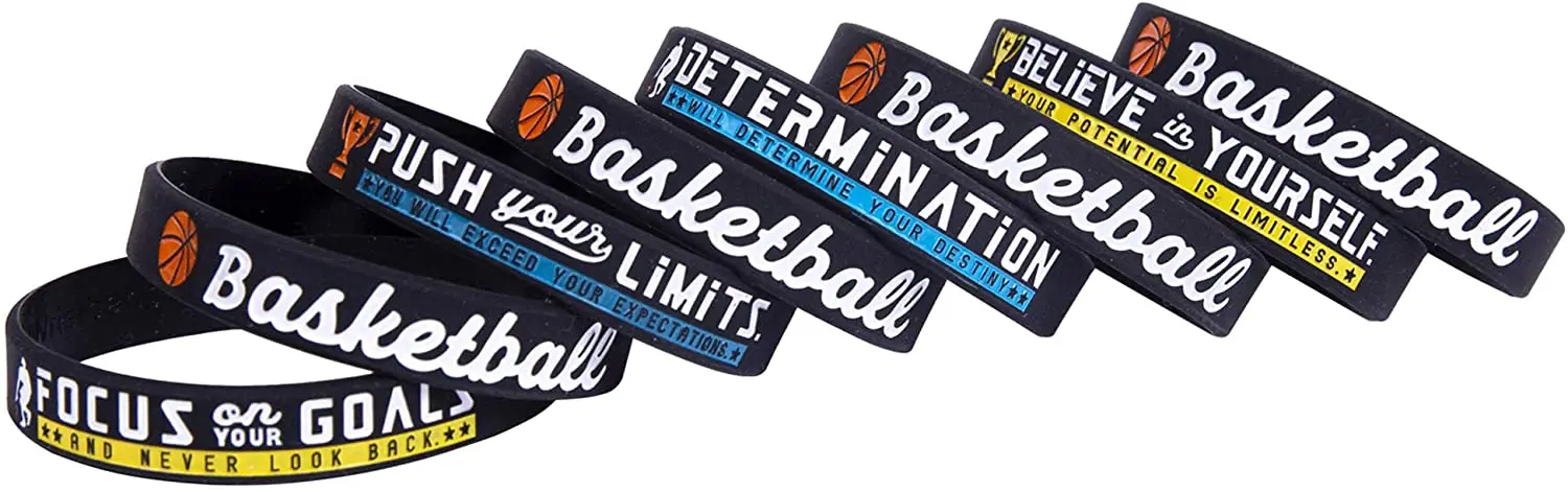 (12-Pack) Basketball Bracelets with Motivational Silicone Rubber Wristbands for Basketball Team Gifts and Party Favors