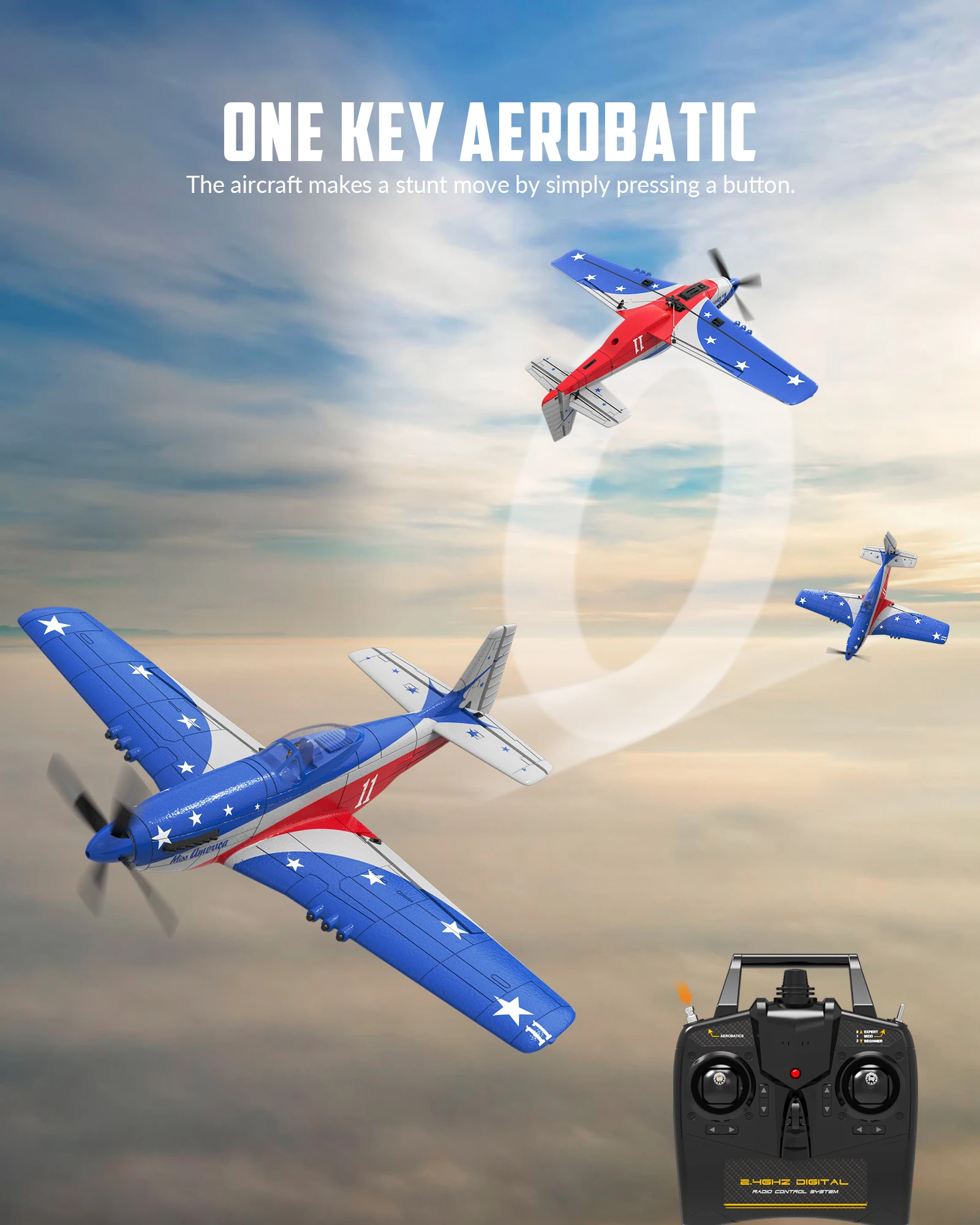 RC glider 2.4GHz 3 kanaler med gyro - Flager, Blå, Rød