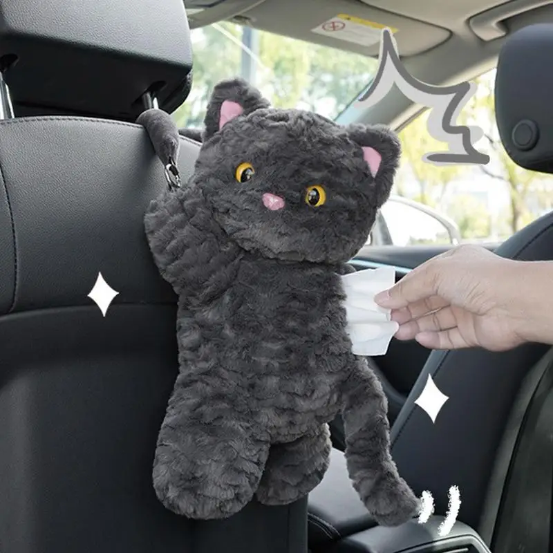 Plush Tissue Dispenser Plush Hangable Animal Car Tissue Holder 2 In 1 Car Tissue Box And Trash Can Decorative Organizer Black 3
