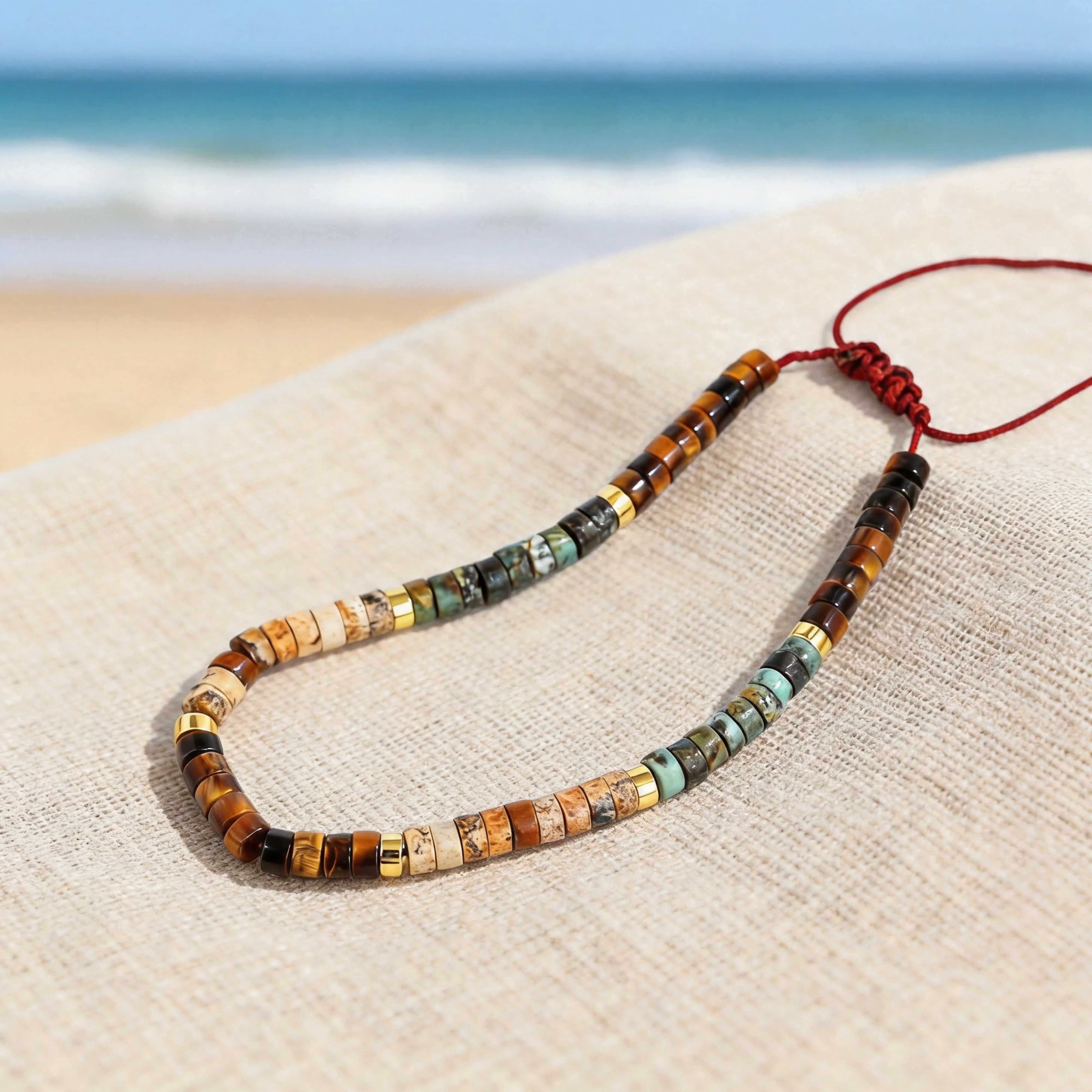 Spring Fashion Waterproof Jewellery Tiger's Eye African Pine Nature Stone Bransoletka for Beach Scene Anklet Adjustable Rope 3.8 6