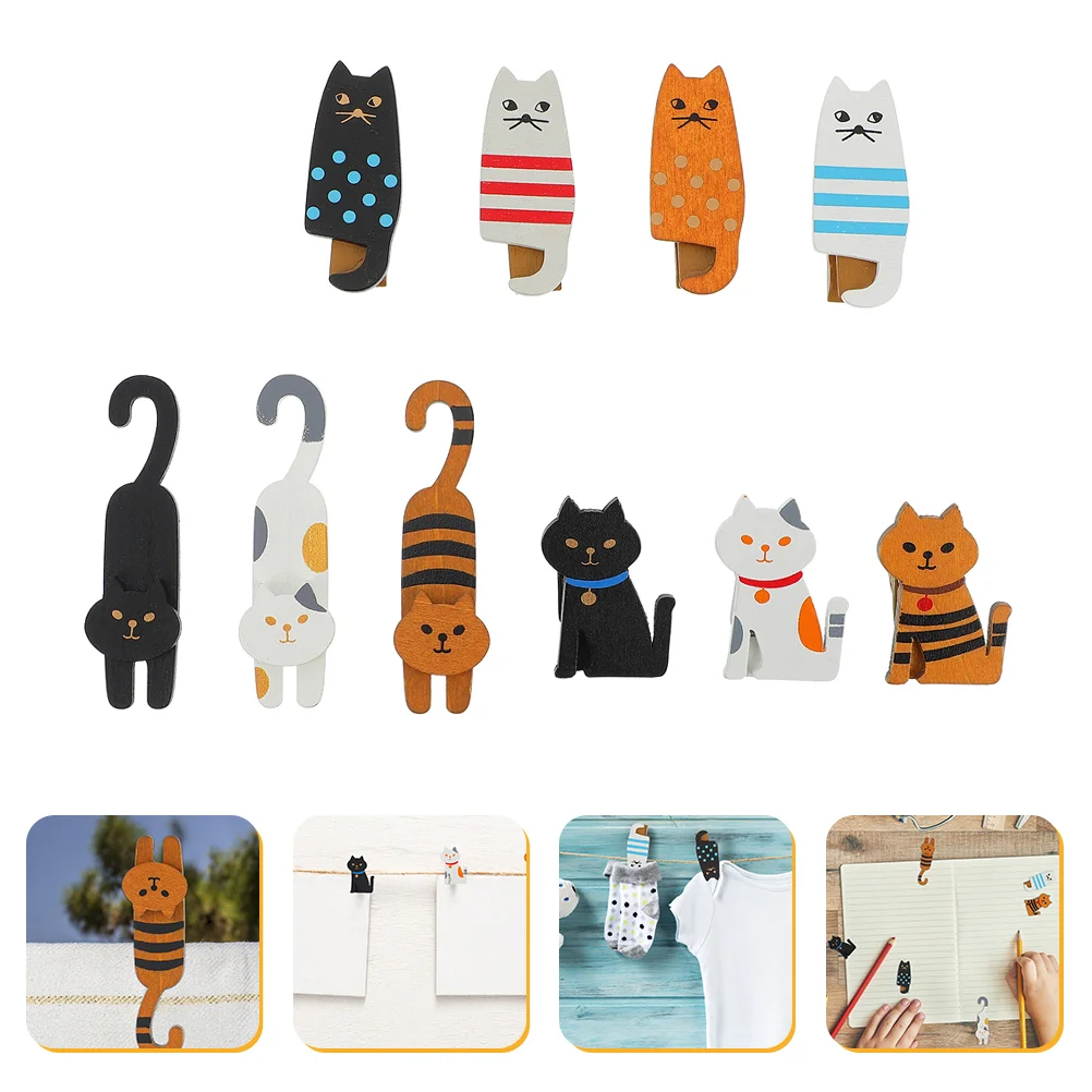 

10 Pcs Cat Wooden Clip Clothespin Paper Clips Clothespins Mini Postcard Basswood