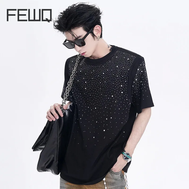 

FEWQ Tees Men Summer New Niche Design Short Sleeve male Shiny design simple Shoulder Pad O-neck T-shirt 24Y126