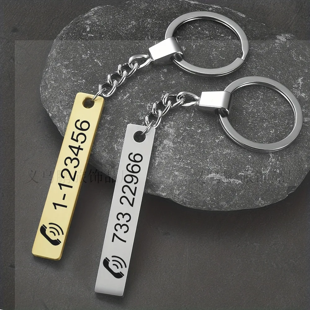 Double-sided laser lettering phone number name key chain 60mm matte brushed stainless steel car key ring custom metal keychain new men s car creative pendant event small gift key waist buckle eight shot 8 sided single ring keychain