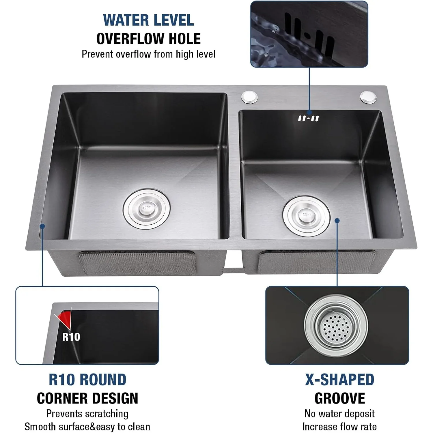 31" x 18" Black Double Bowl Kitchen Sink, Drop-in/Topmount Overmount Kitchen Sinks Basin with 304 Nano-Coated and Accessories 5