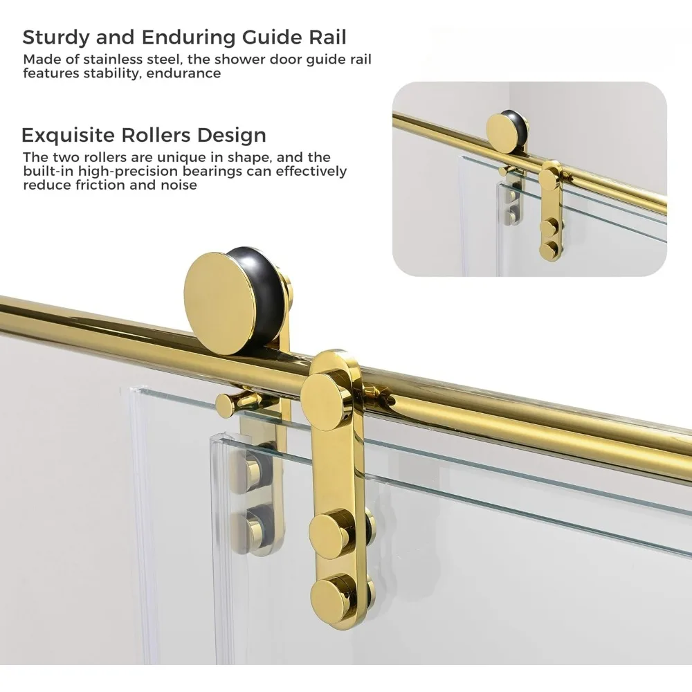 Shower Door Gold Frameless Sliding Shower Door with Additional Towel Bar, 56-60.in W x 75.in H Shower Glass Door with 5/16" 8mm 3