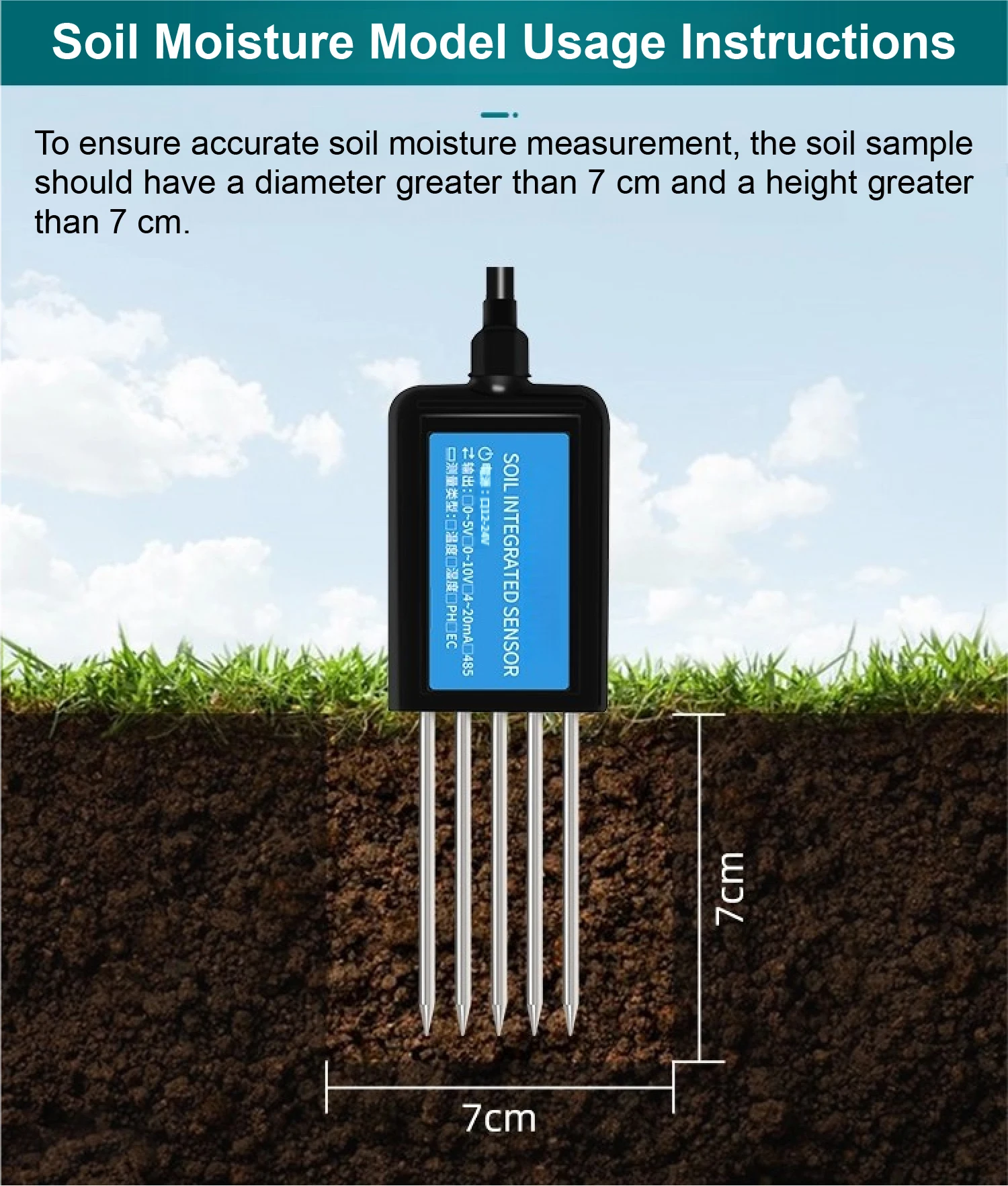 IP68 7 in 1 Soil Moisture pH EC Temperature NPK Sensor with RS485 4-20mA 0-5V 0-