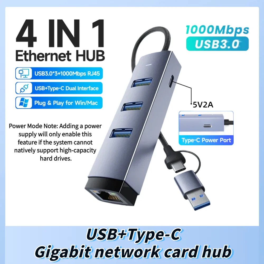 MZX 기가비트 USB 3.0 허브 어댑터 - 1000Mbps RJ45 네트워크 카드 1G 이더넷 타입 A C PC 노트북 컴퓨터 액세서리 (맥북용)
