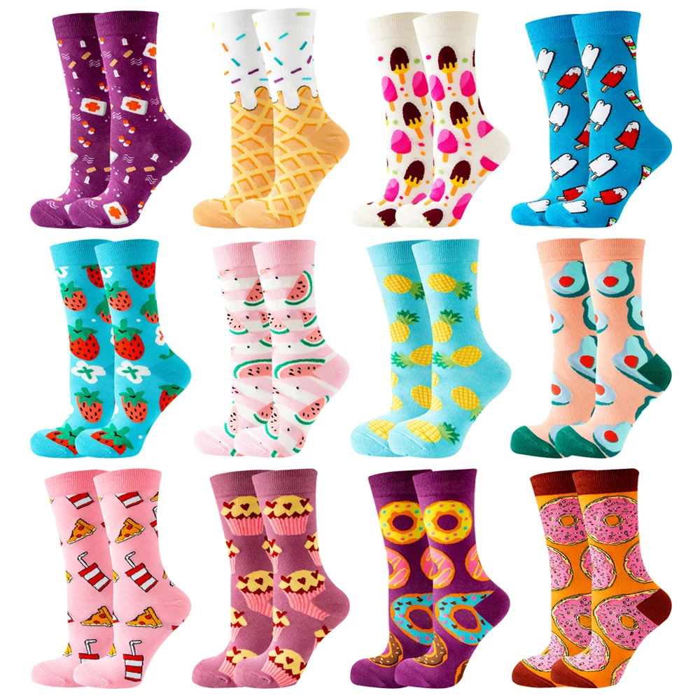12 Pairs Cute Kawaii Harajuku Happy Novelty Casual Women Socks Cartoon Cat Dog Lemon Donut Girl Cotton Funny Socks