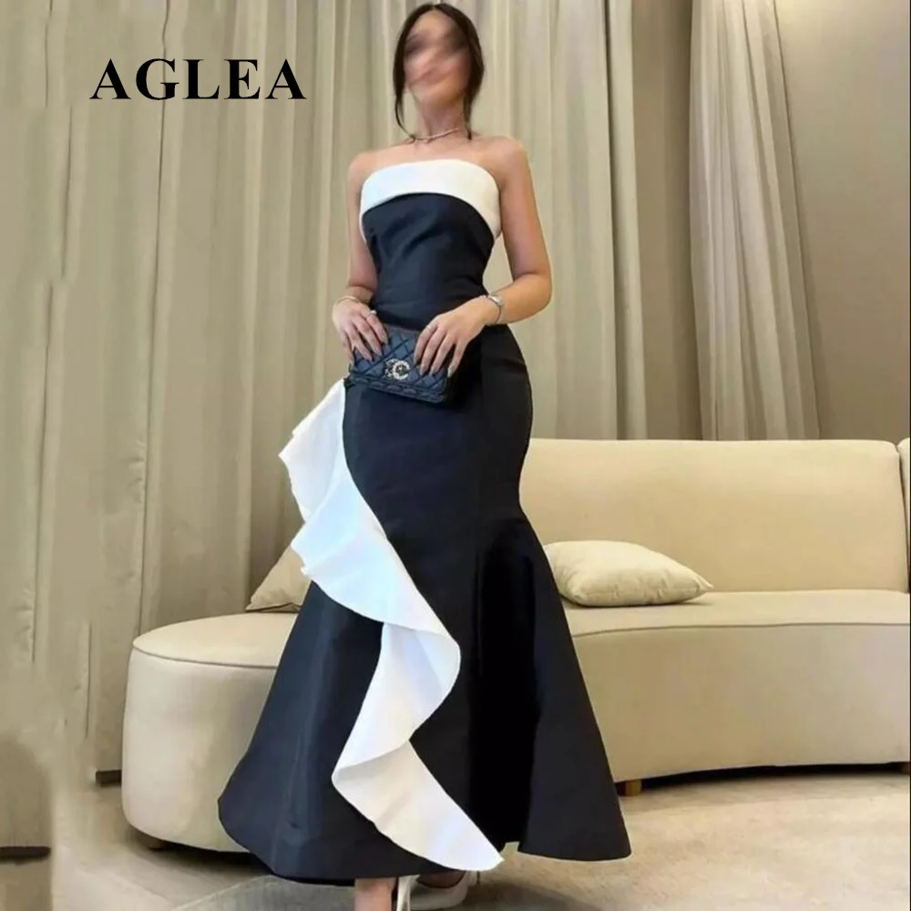 

Strapless Saudi Arabia Evening Dresses Sheath White And Black Sleeveless Backless Satin Simple Formal Party Prom Gown فستان سهرة