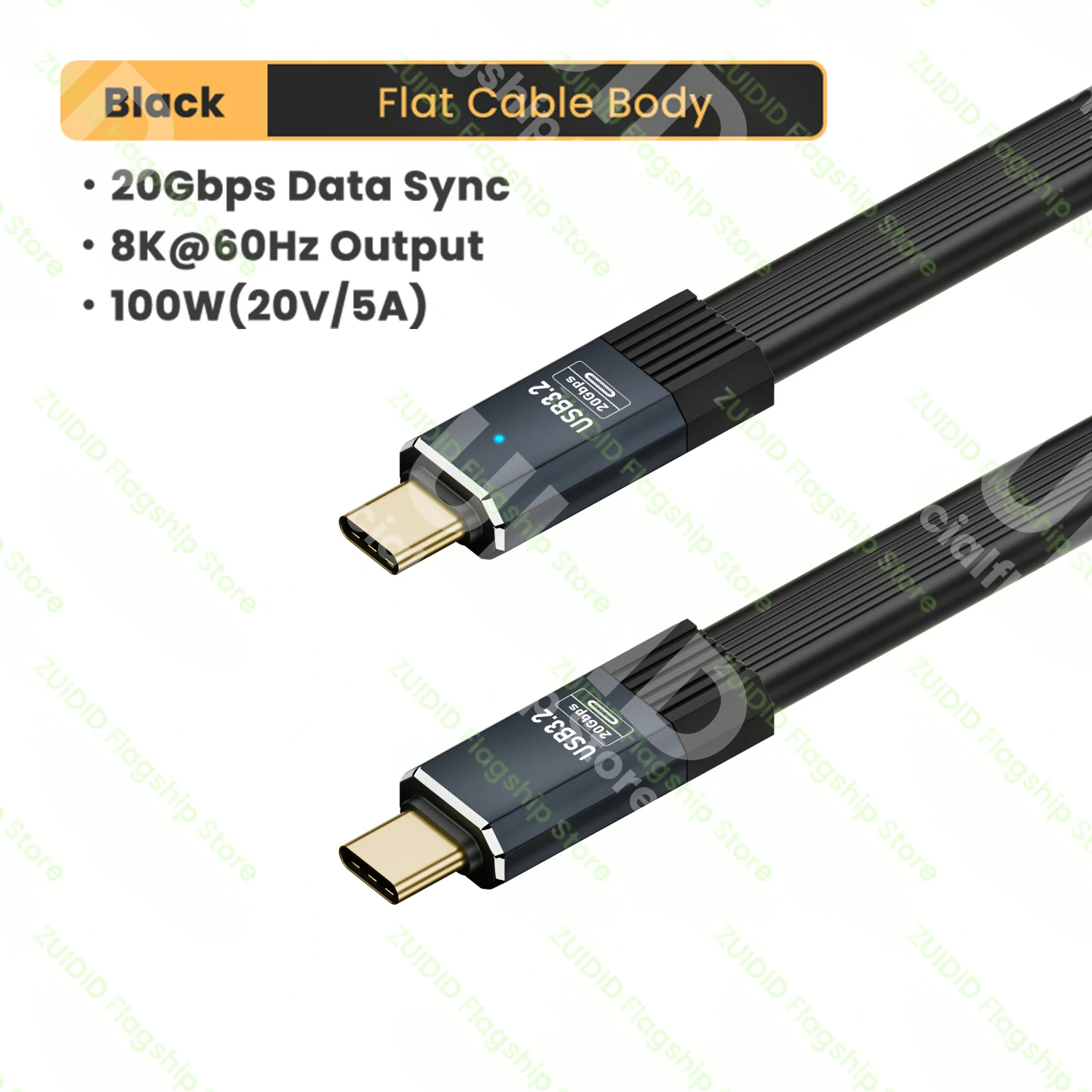 High-Speed USB-C to USB-C Flat Data Cable with 20Gbps Transfer Rate and 100W Power Delivery