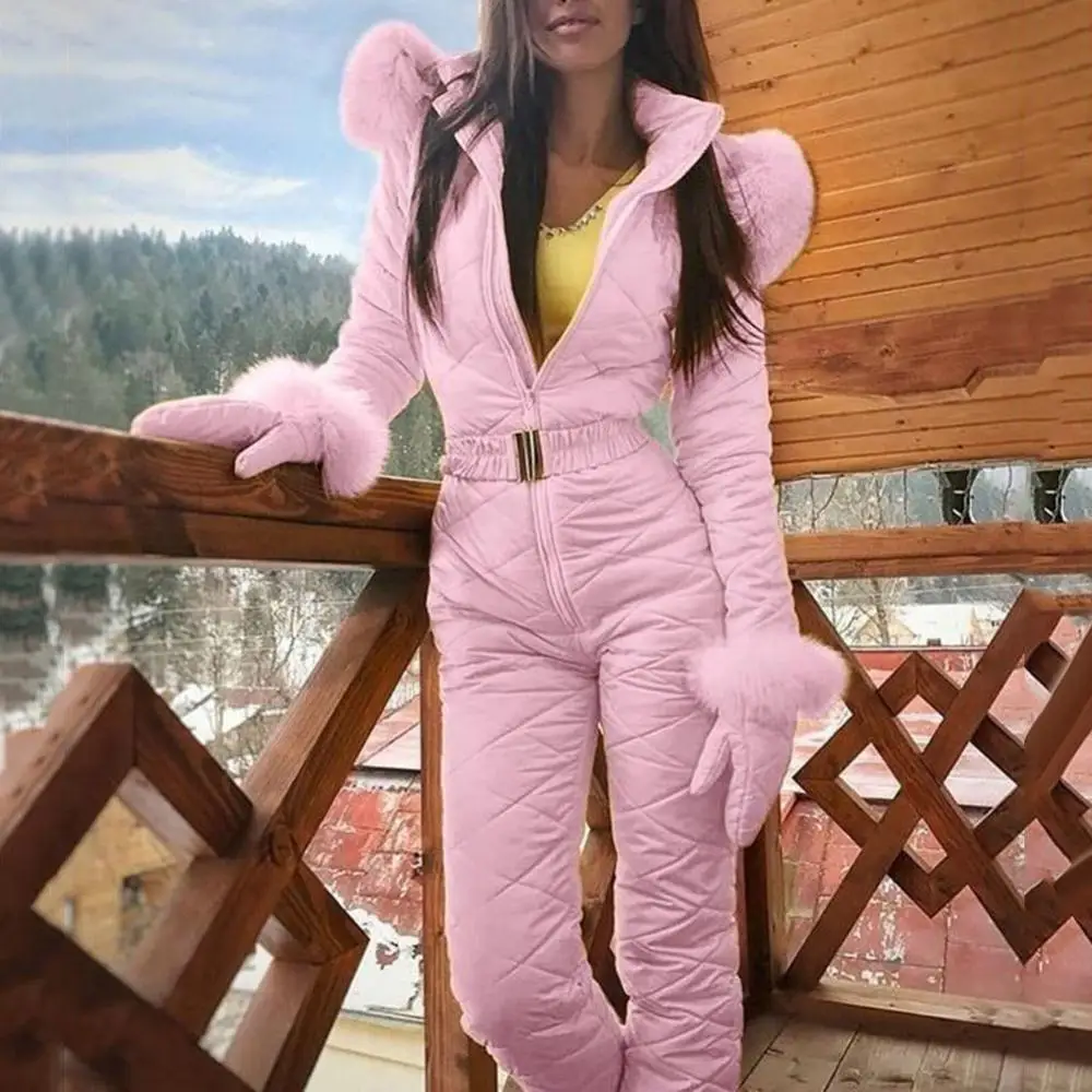 Fleece Skiing Jumpsuit Outdoor Skiing Hiking Camping Plush Jumpsuit Coldproof Faux Fur Collar Hooded Warm Jumpsuit Winter Romper