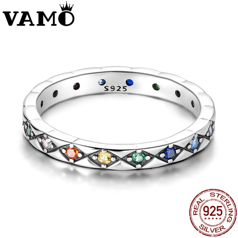 VAMO 925 Sterling Silver CZ Zircon Rings Colorful Stone Woman Rings Sparkling Wedding Ring Grils Anniversary Gift Jewelry 2