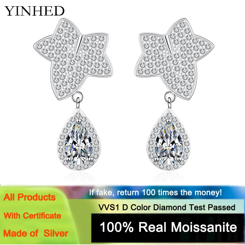 

YINHED Gorgeous Maple Leaf Flower Dangle Earrings for Women 925 Sterling Silver Waterdrop Moissanite Wedding Engagement Jewelry