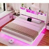 King Size Floating Bed Frame with Storage Headboard and Power Outlet，LED Lights, Solid Wood Slats Support,Velvet White 6