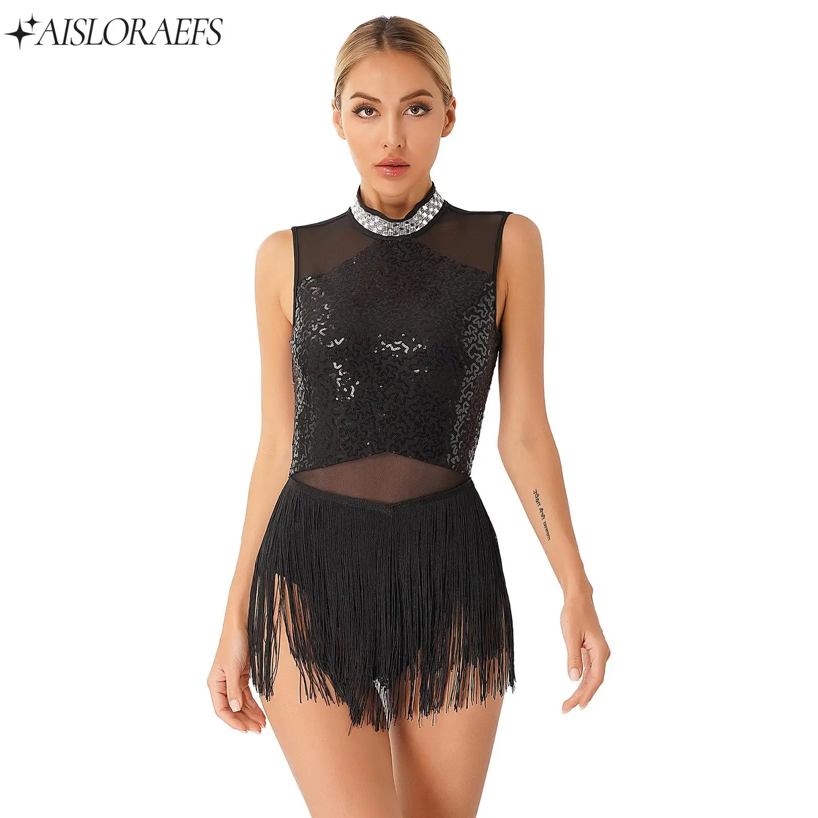 

Womens Glittery Rhinestone Latin Tango Cha-Cha Rumba Samba Performance Costume Fringed Leotard Sequined Dance Dress