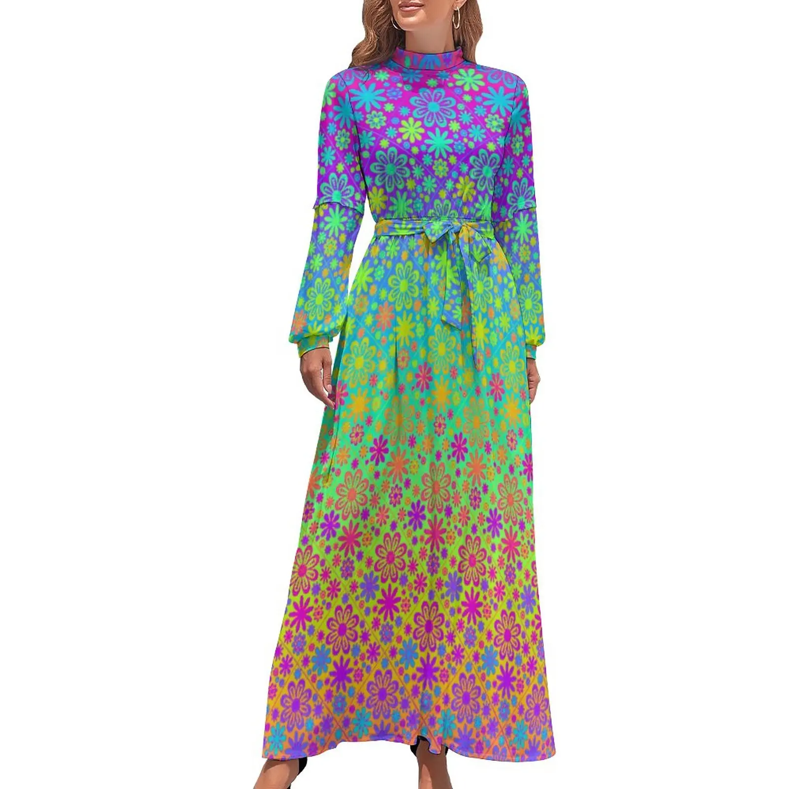 

Groovy Daisy Print Dress Retro Ombre Casual Bohemia Dresses Woman Long-Sleeve High Waist Elegant Long Maxi Dress