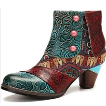 Vintage Splicing Printed Ankle Boots For Women Shoes Female PU Leather Retro Block High Heels Bohemian Ladies Winter Short Boots 