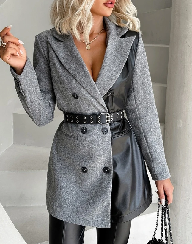 Women's Outerwear Autumn and Winter Long Sleeved Midi Patchwork Jacket Colorblock Patchwork Double Breasted Belted Blazer Coat