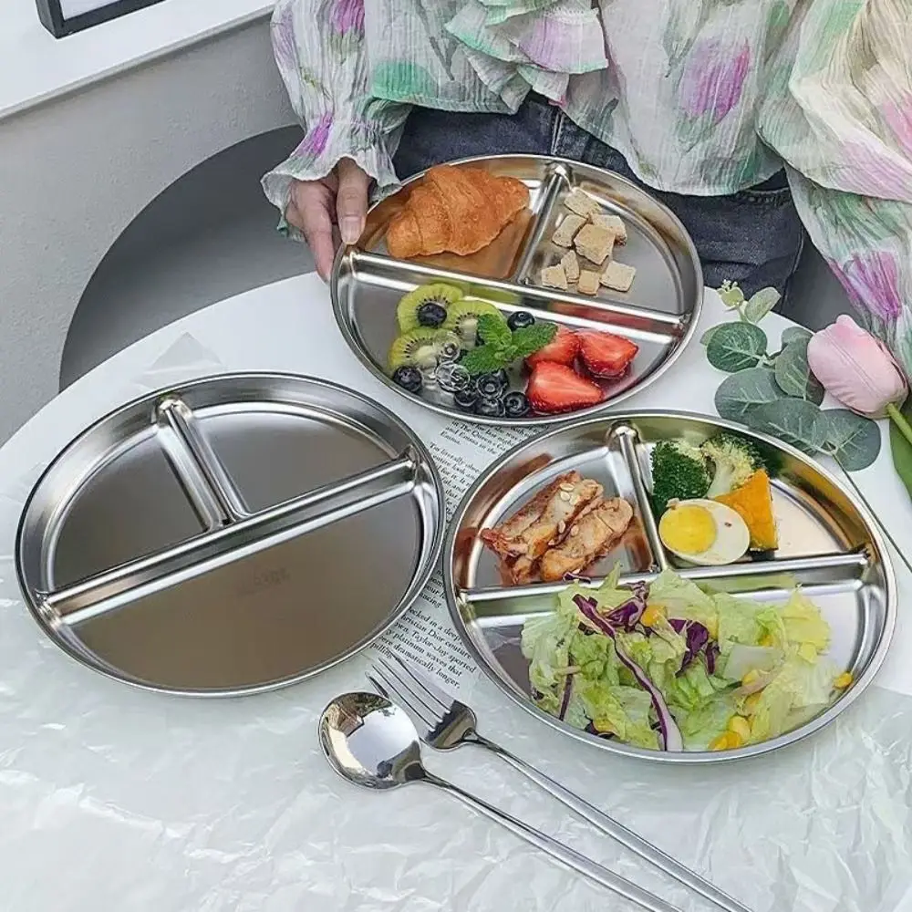 Multifunctional 304 Stainless Steel Portion Control Plates 9" inch Reusable Divided Plates Round Food Trays for Adults Kids