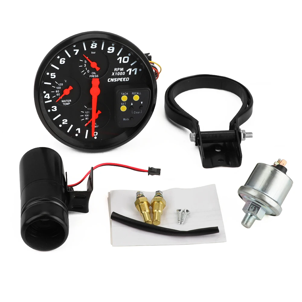 Tacómetro de coche 4 en 1 de 5 pulgadas con luz de cambio, medidor de rpm,  medidor de carreras, medidor de temperatura del agua, temperatura del
