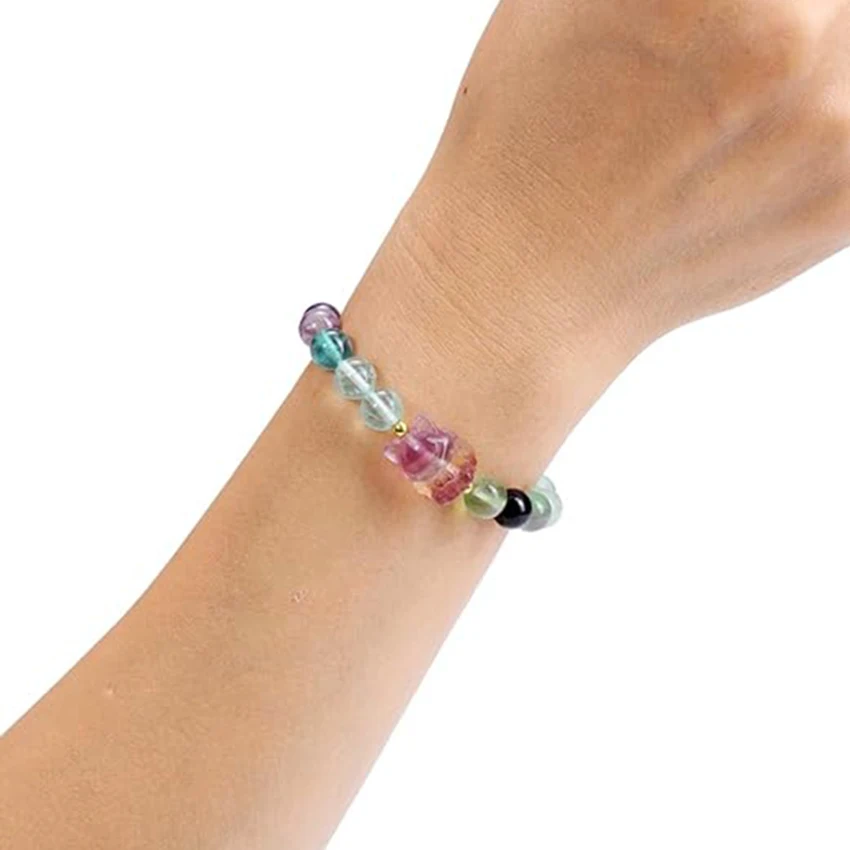 Fluorite Healing Crystal Bracelet for Women Fox Charm Stretch Bracelet 8 mm Natural Stone Beaded Bracelets Energy Jewelry Gift