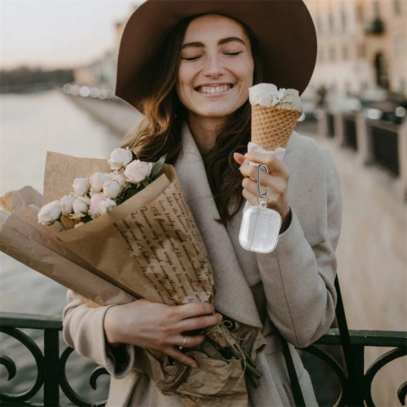 Bling Glitter Soft TPU Transparent Earphones Case With Hook For Airpods Pro Silicone Cover For Air Pods 3 2 1 Cover Accessories