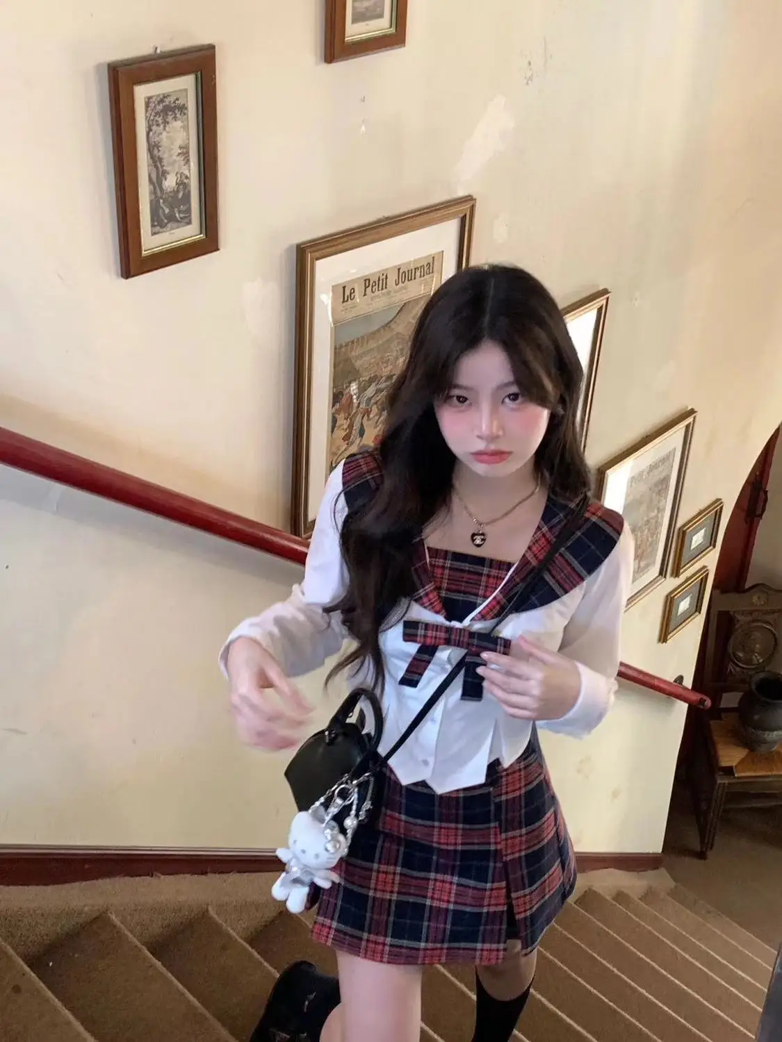 Japanese Kawaii JK Skirts Suit Women Bow Sweet Korean Two Piece Set Female Navy Collar Blouse + Plaid Party Mini Skirts