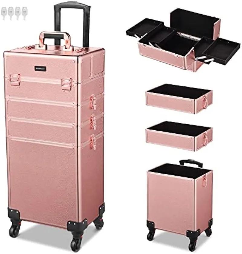 

BYOOTIQUE Rolling Makeup Train Case 4in1 Cosmetic Trolley Organizer Travel Case Lockable Salon Barber Case with Removable Wheels