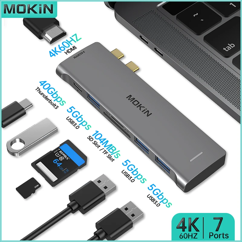 

Док-станция USB C MOKiN 7 в 2 4K 60HZ - HDMI, 3 USB 3.0, Thunderbolt 3, Считыватель SD/TF-карт для MacBook Pro/Air M1 M2