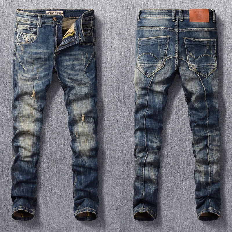 

Streetwear Fashion Men Jeans Retro Black Blue Elastic Slim Fit Ripped Jeans Men Spliced Designer Hip Hop Denim Pants Hombre