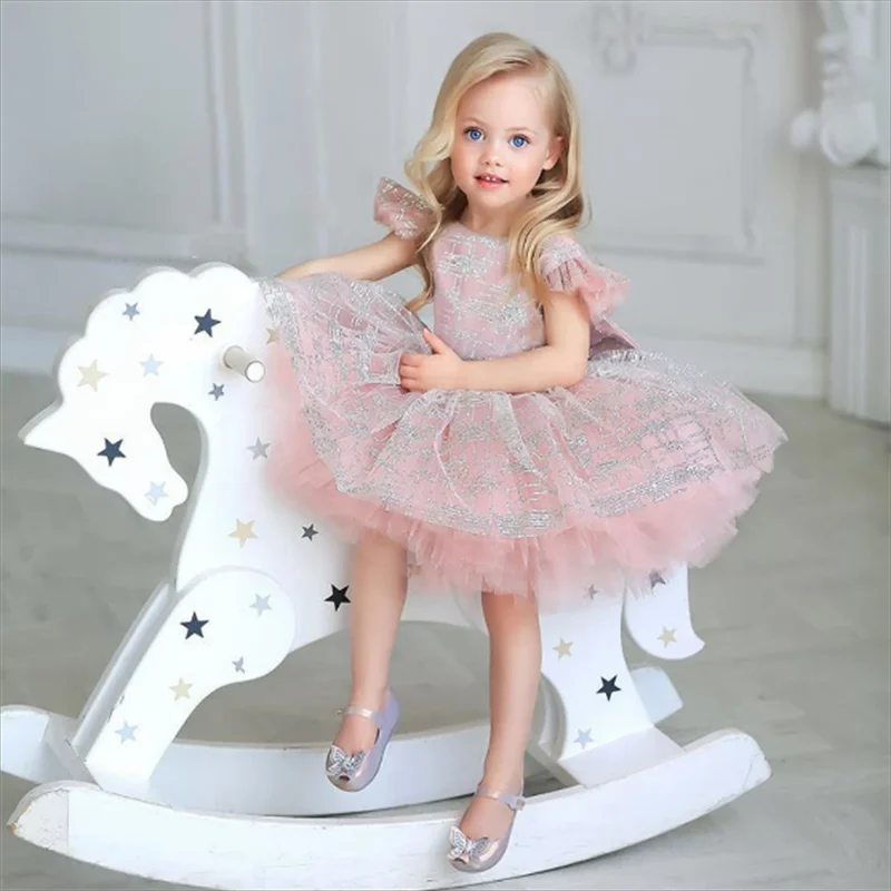 

CutLight Pink Princess Party Dress for Birthday Cap Sleeve Glitter Tulle Puff Flower Kids Formal Dresses Gift Communion